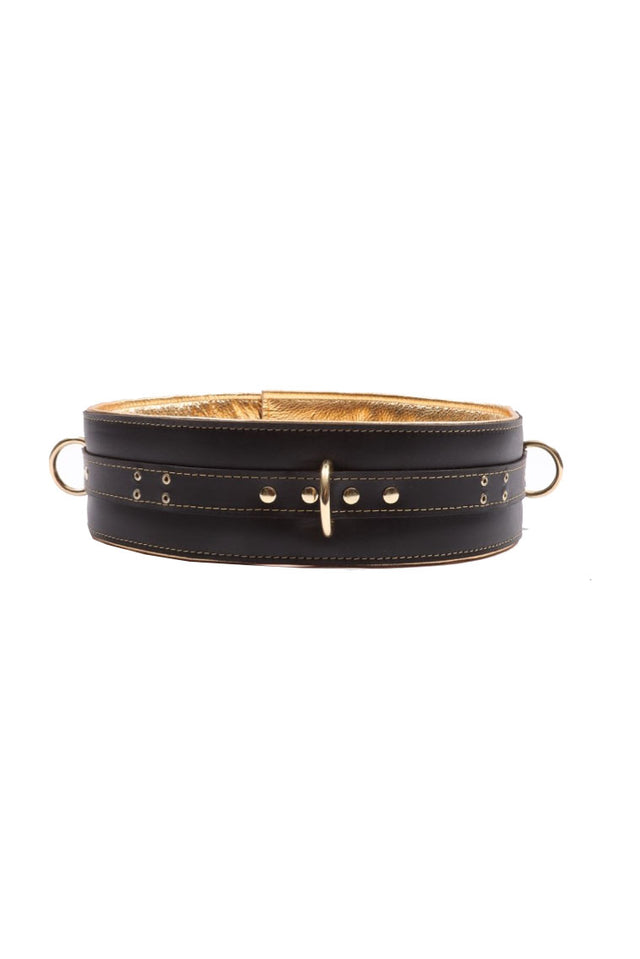 Theodora - Black and Gold Padded Leather BDSM Waist Belt - DDB