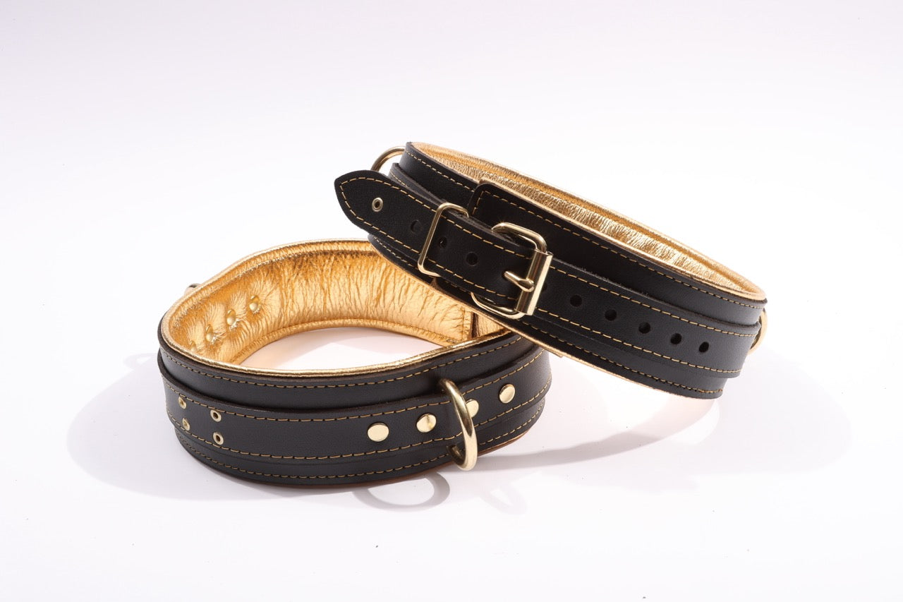 Theodora - Black and Gold Padded Leather BDSM Thigh Restraints - DDB