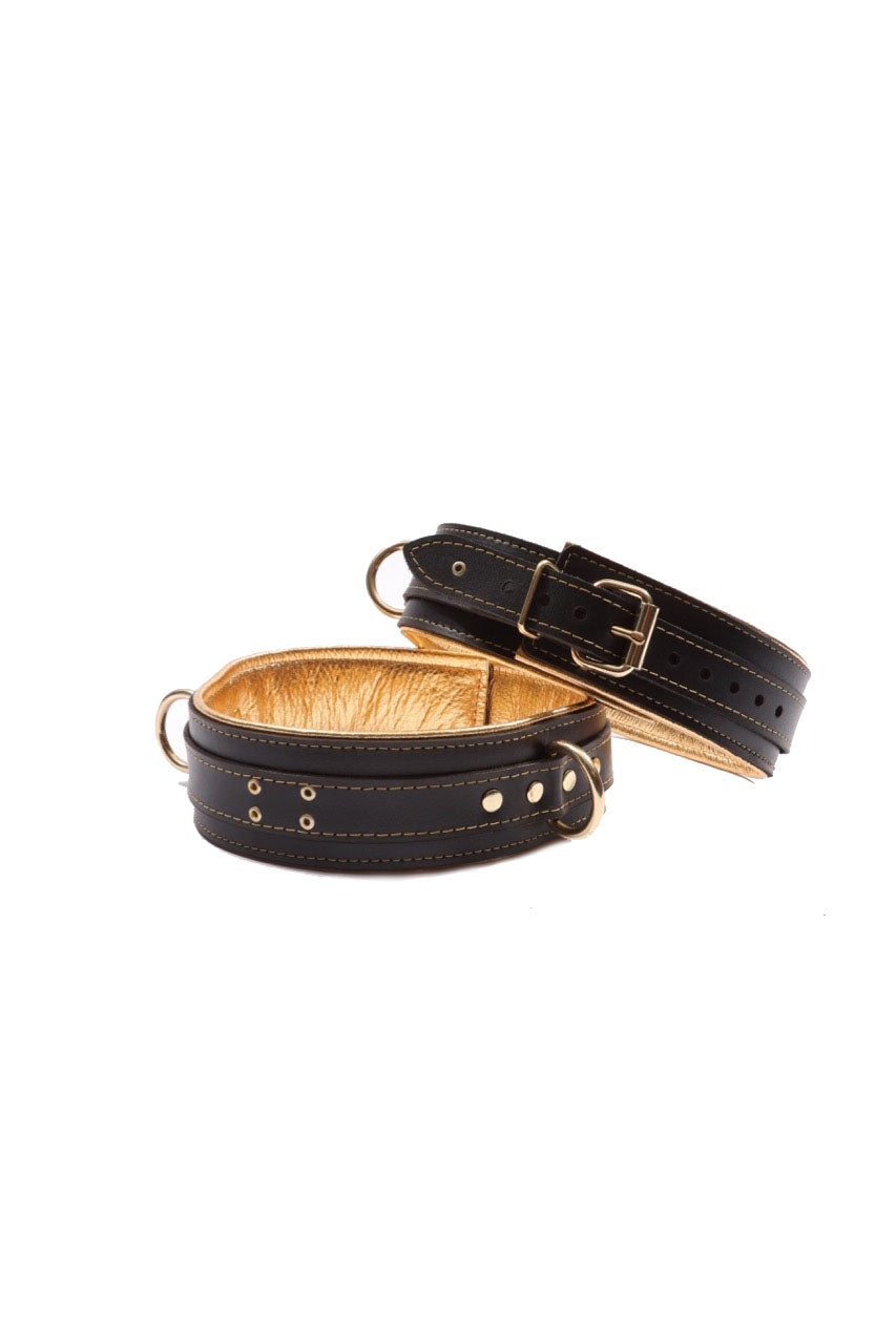 Theodora - Black and Gold Padded Leather BDSM Thigh Restraints - DDB