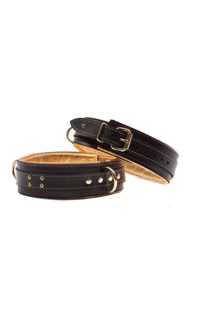 Theodora - Black and Gold Padded Leather BDSM Thigh Restraints - DDB