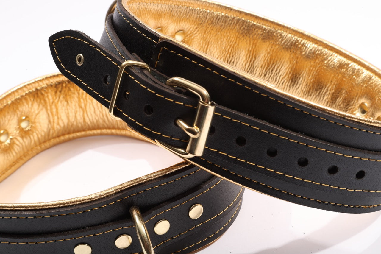 Theodora - Black and Gold Padded Leather BDSM Thigh Restraints - DDB