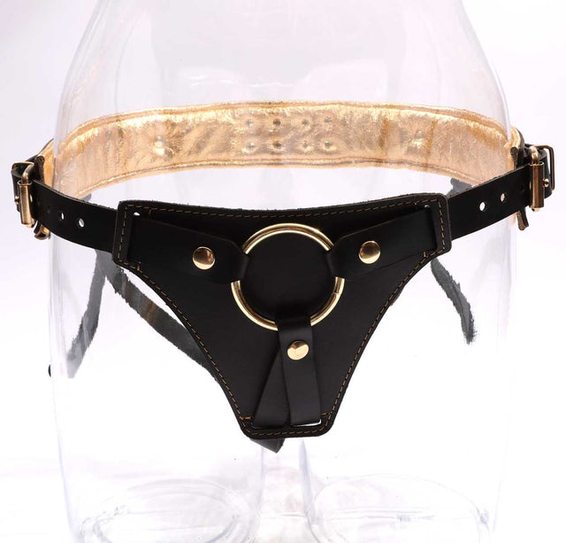 Theodora - Black and Gold Padded Leather BDSM Strap On Harness - DDB