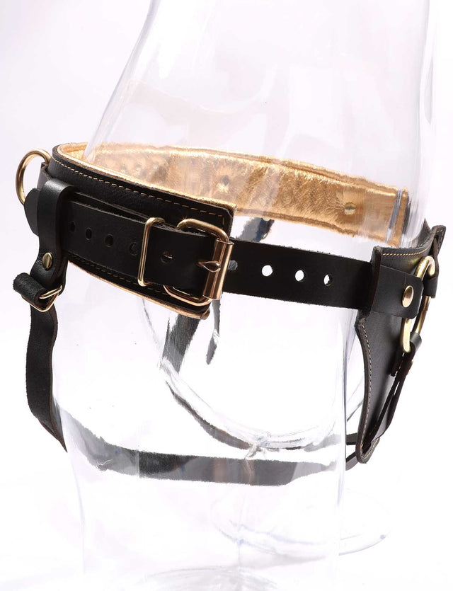 Theodora - Black and Gold Padded Leather BDSM Strap On Harness - DDB