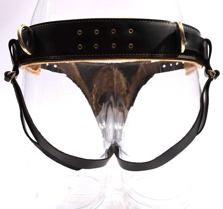Theodora - Black and Gold Padded Leather BDSM Strap On Harness - DDB