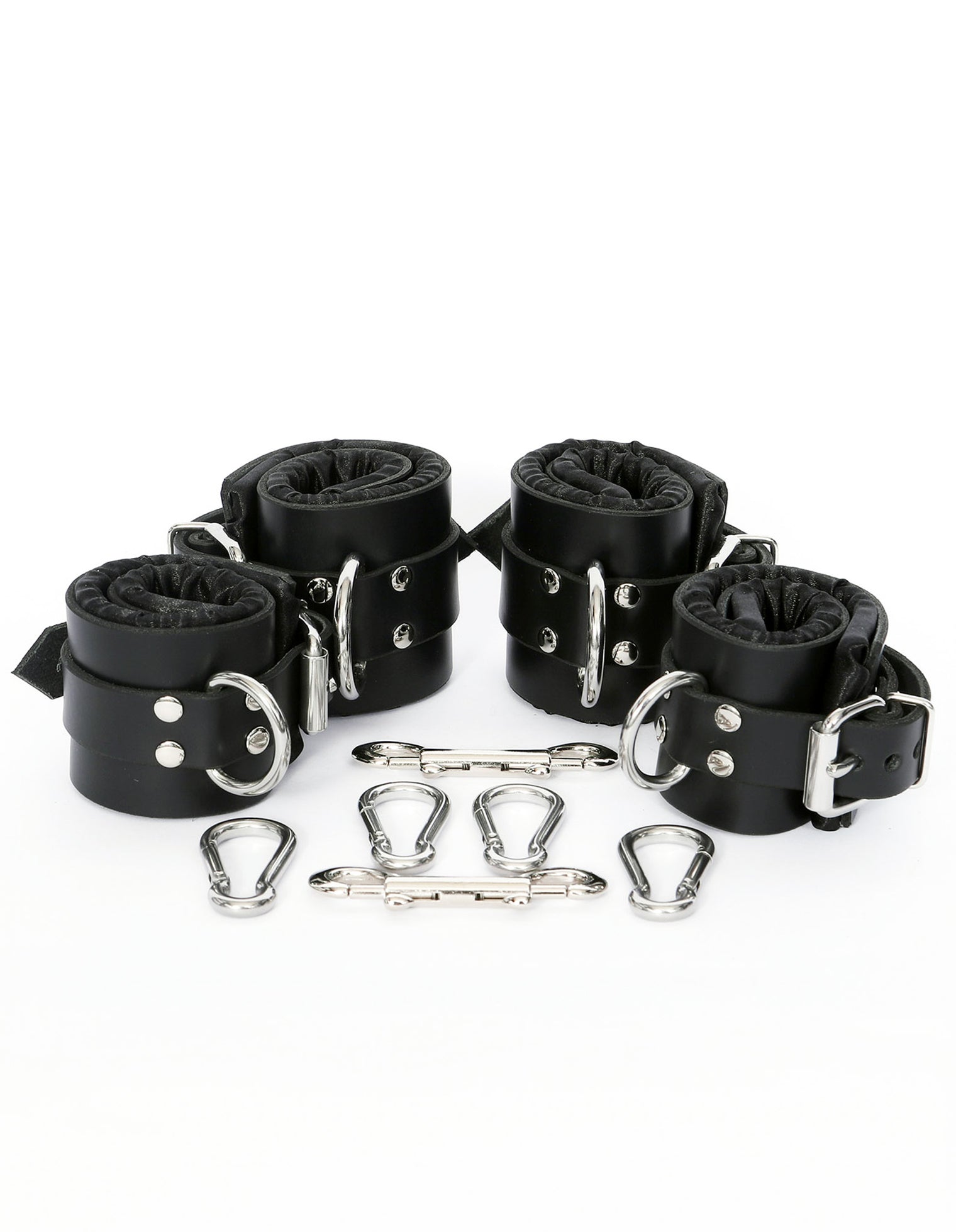 Black Satin-Lined Leather Wrist and Ankle Cuffs - Dark Desires Boutique