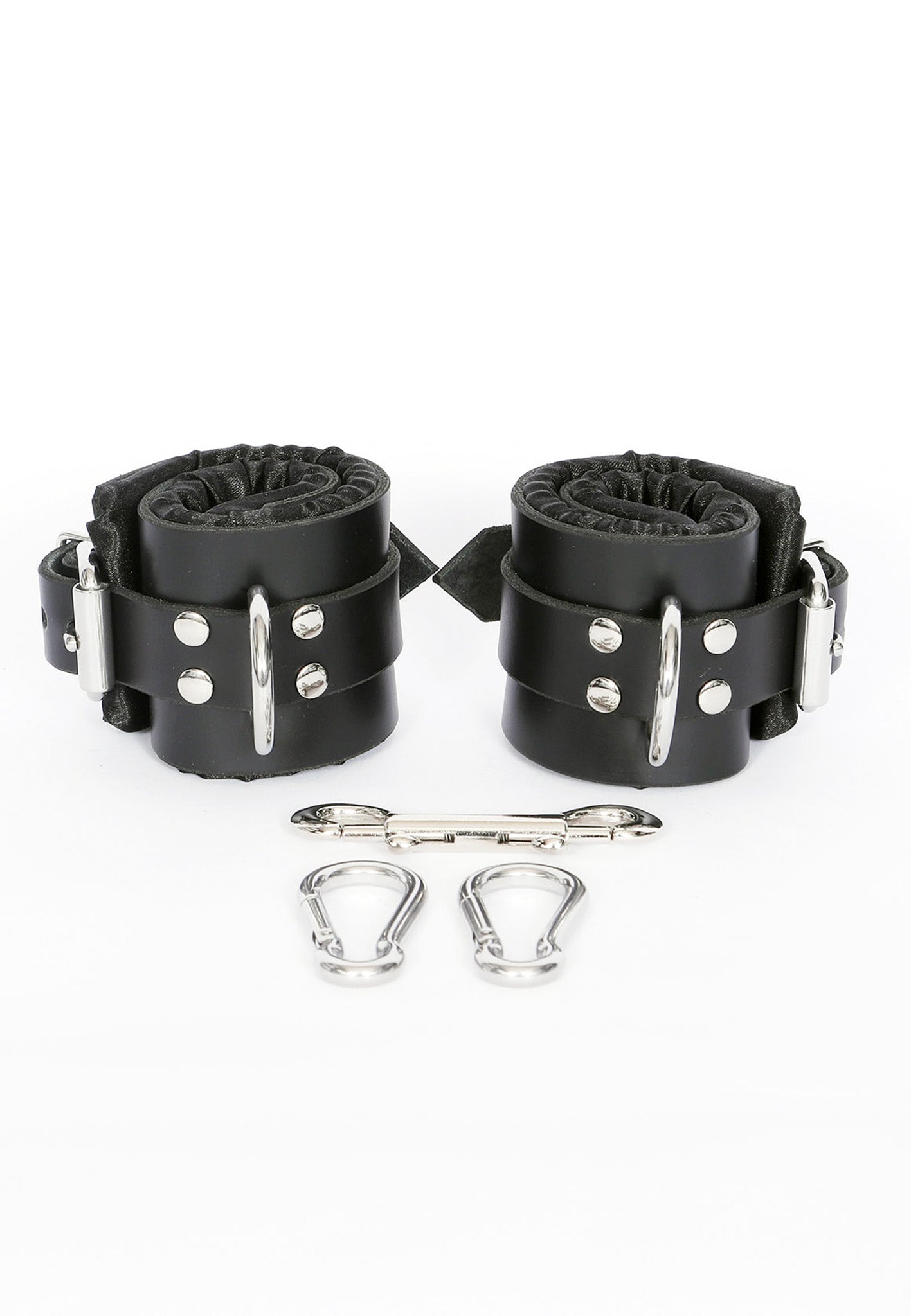 Black Satin Lined Leather Wrist and Ankle Cuffs - Dark Desires Boutique