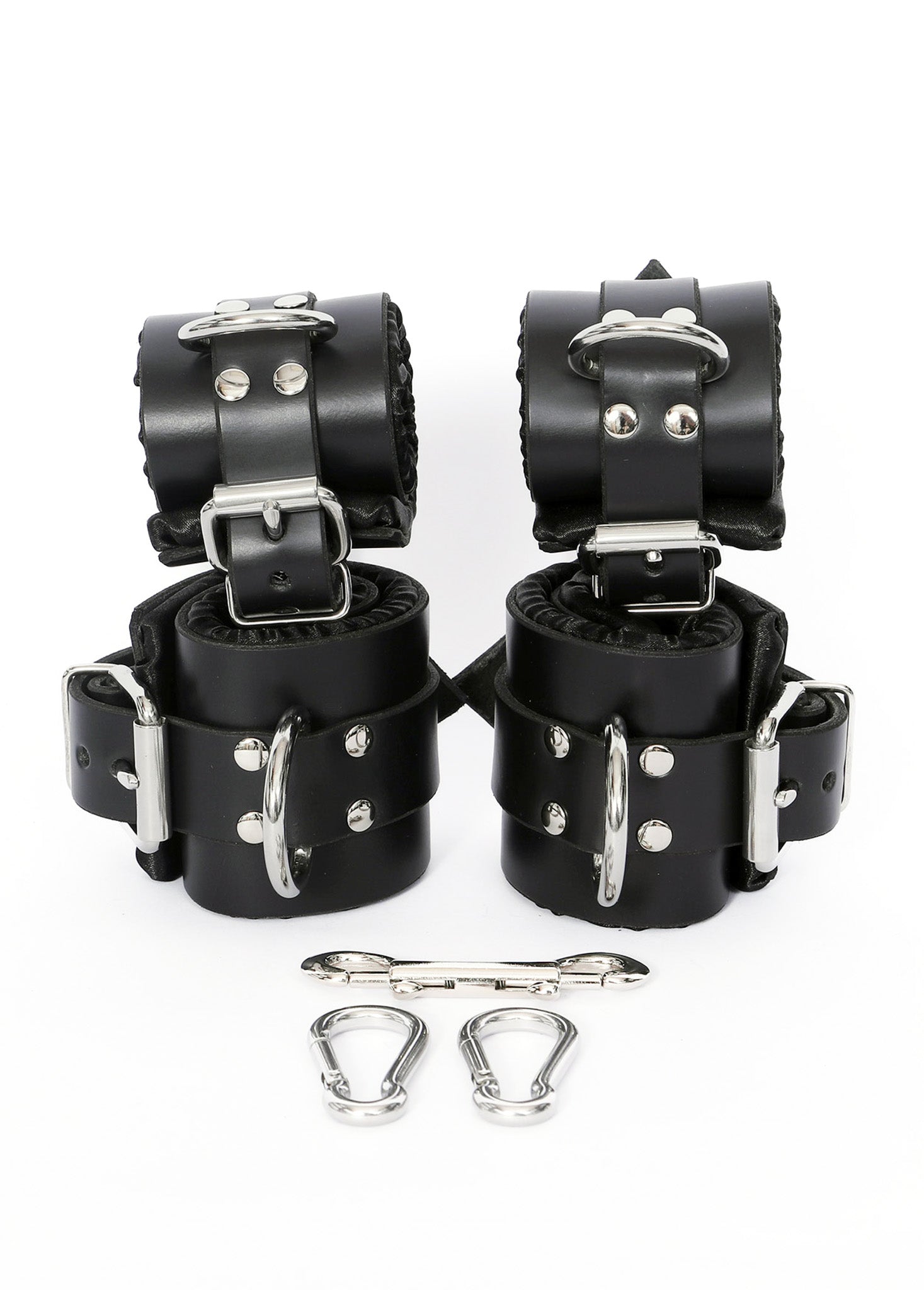 Black Satin Lined Leather Wrist and Ankle Cuffs - Dark Desires Boutique