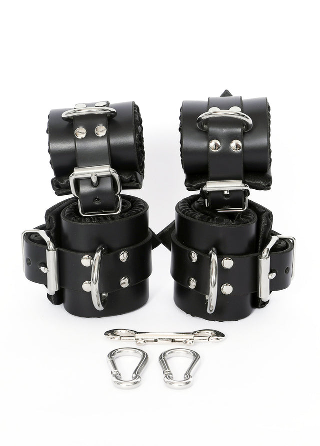 Black Satin Lined Leather Wrist and Ankle Cuffs - Dark Desires Boutique