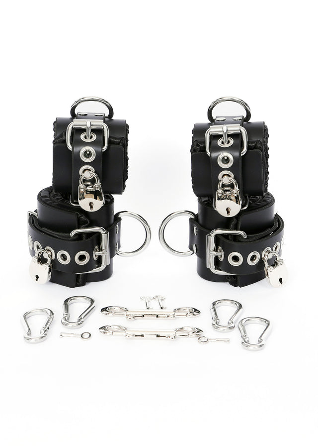 Locking Black Satin-Lined Leather Wrist and Ankle Cuffs - Dark Desires Boutique
