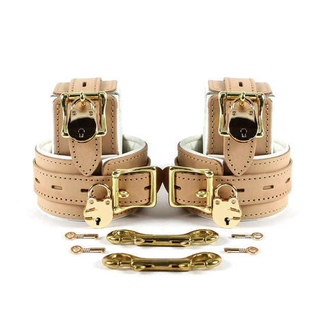Galen Padded Champagne Leather Locking Wrist and Ankle Cuffs - Dark Desires Boutique