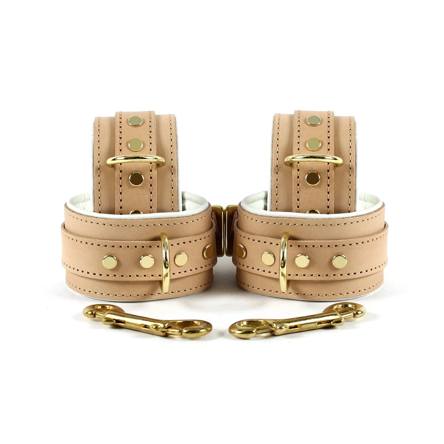Galen Padded Champagne Leather Locking Wrist and Ankle Cuffs - Dark Desires Boutique