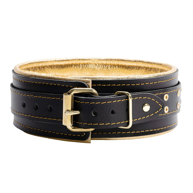 Theodora - Black and Gold Padded Leather BDSM Sub Collar and Leash Set - Dark Desires Boutique