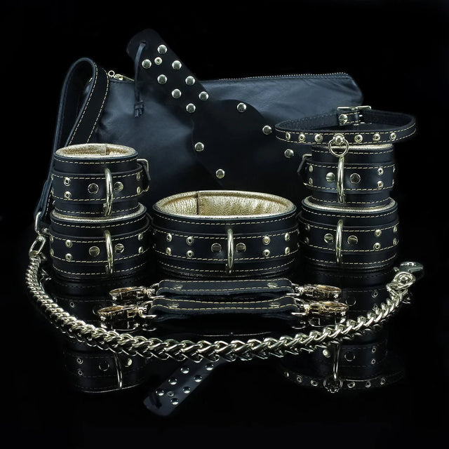 Theodora - Black and Gold Leather Restraint Collection - Dark Desires Boutique