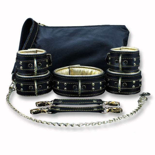 Theodora - Black and Gold Padded Leather Bondage Restraint Collection - Dark Desires Boutique