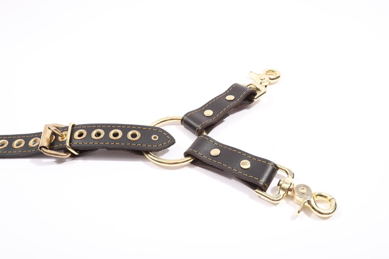 Theodora Black and Gold Leather BDSM Adjustable Y Hogtie - DDB