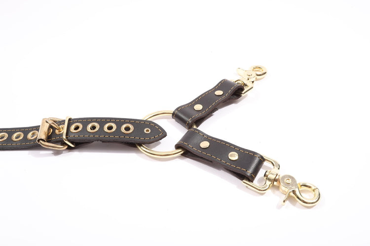 Theodora Black and Gold Leather BDSM Adjustable Y Hogtie - DDB