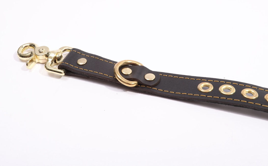 Theodora Black and Gold Leather BDSM Adjustable Y Hogtie - DDB