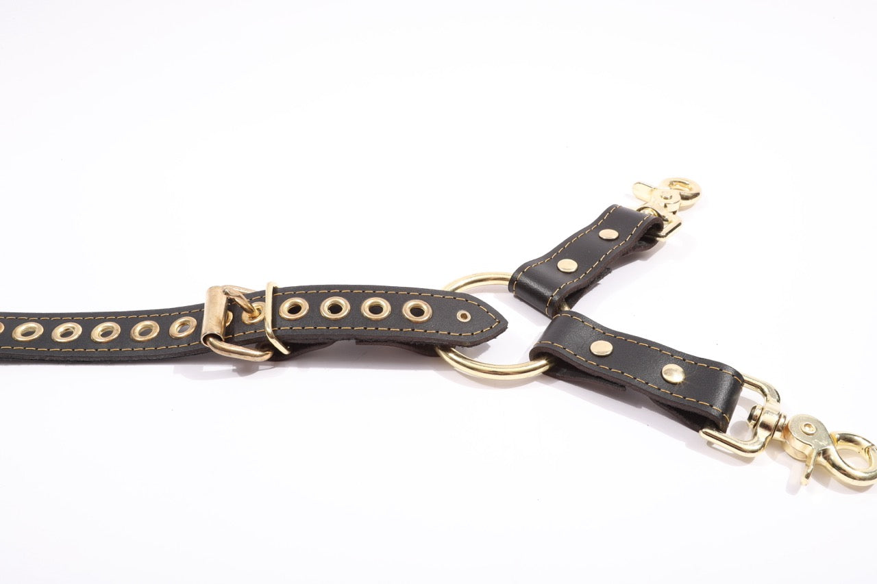 Theodora Black and Gold Leather BDSM Adjustable Y Hogtie - DDB