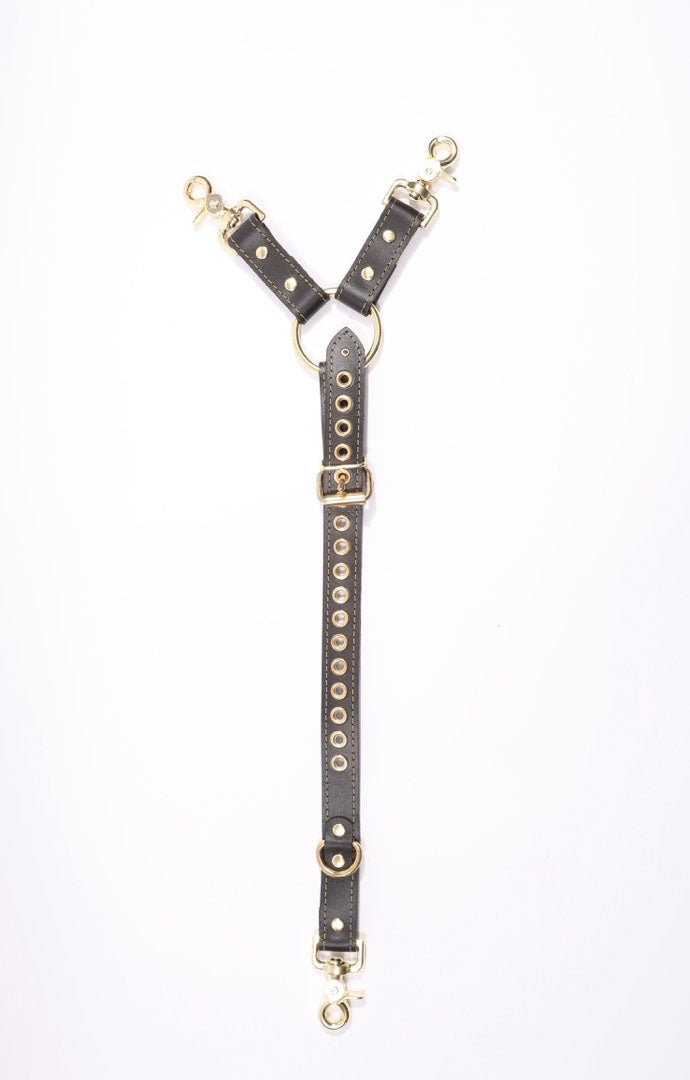 Theodora Black and Gold Leather BDSM Adjustable Y Hogtie - DDB