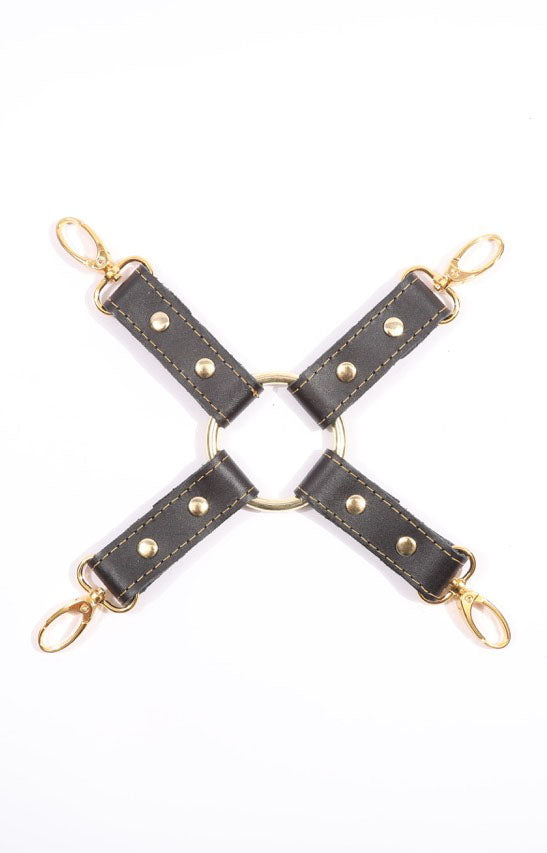 Theodora - Black and Gold BDSM Leather Hogtie - DDB