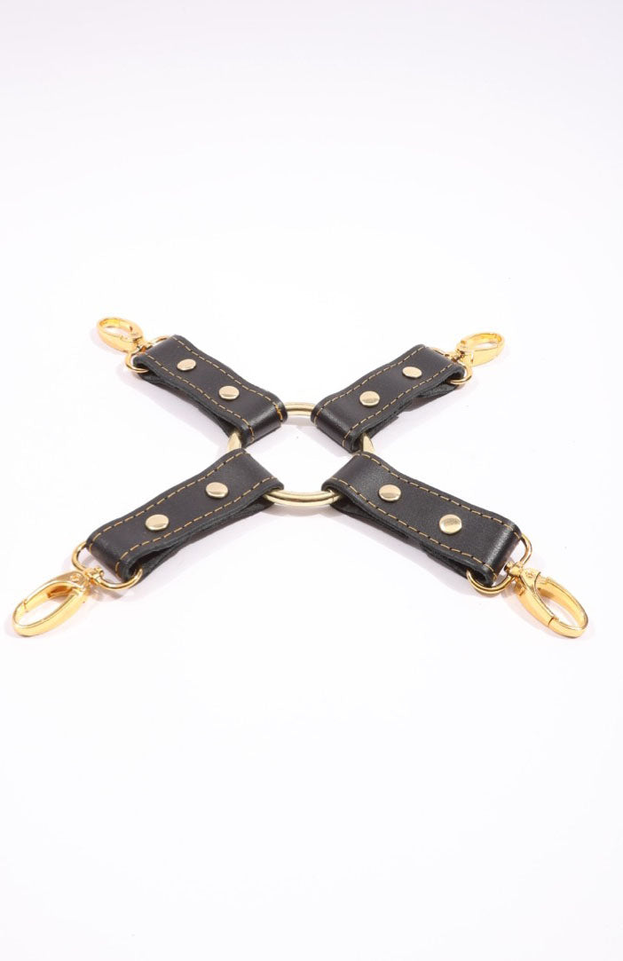 Theodora - Black and Gold BDSM Leather Hogtie - DDB