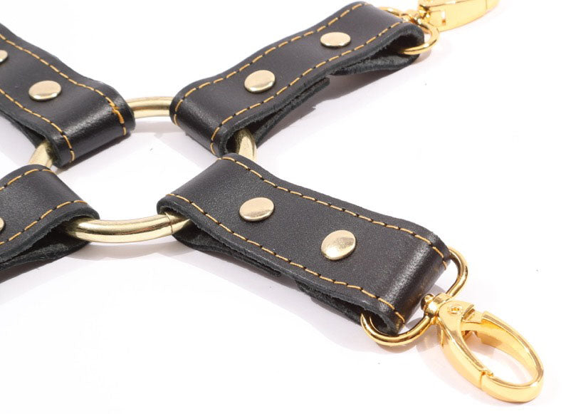 Theodora - Black and Gold BDSM Leather Hogtie - DDB