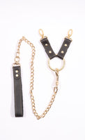 Theodora - Black and Gold Leather 2 Way BDSM Hogtie With Chain Lead - DDB