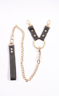 Theodora - Black and Gold Leather 2 Way BDSM Hogtie With Chain Lead - DDB