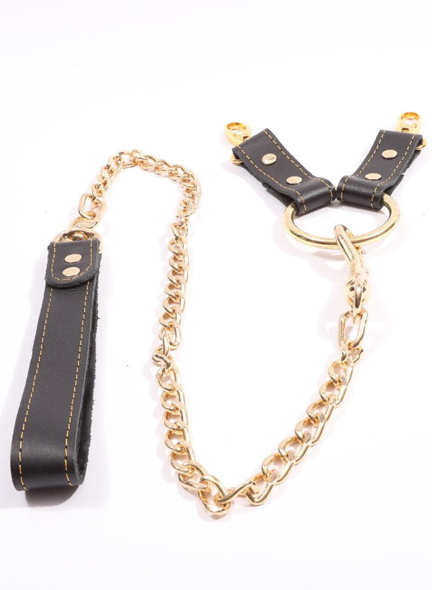 Theodora - Black and Gold Leather 2 Way BDSM Hogtie With Chain Lead - DDB