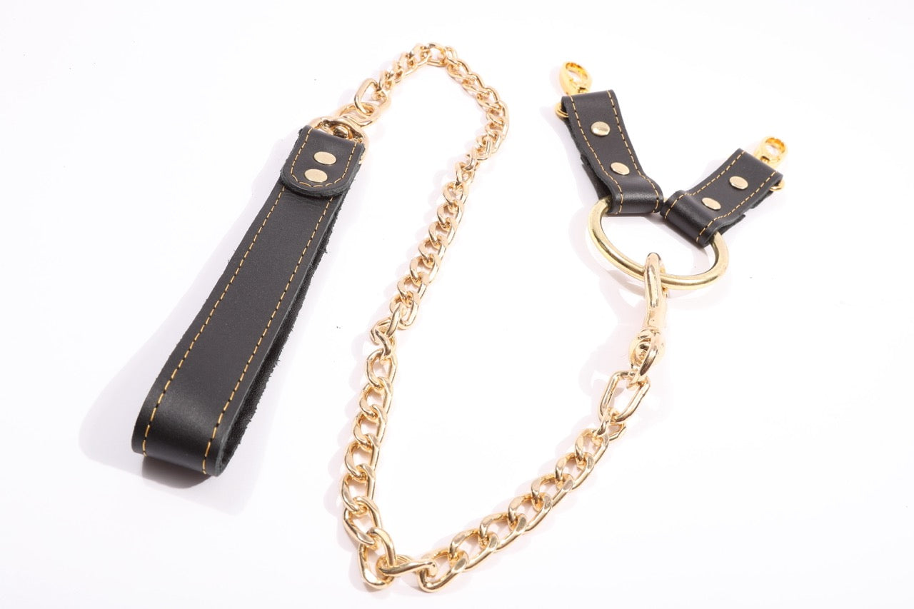 Theodora - Black and Gold Leather 2 Way BDSM Hogtie With Chain Lead - DDB