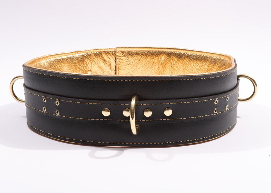 Theodora - Black and Gold Padded Leather BDSM Waist Belt - DDB