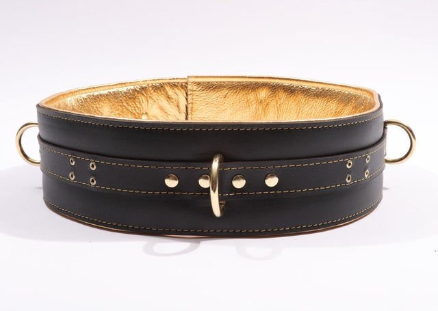 Theodora - Black and Gold Padded Leather BDSM Waist Belt - DDB