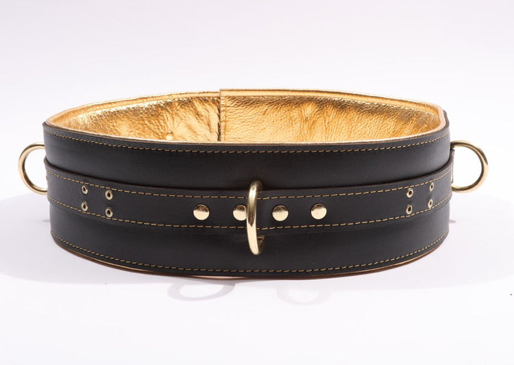 Theodora - Black and Gold Padded Leather BDSM Waist Belt - DDB
