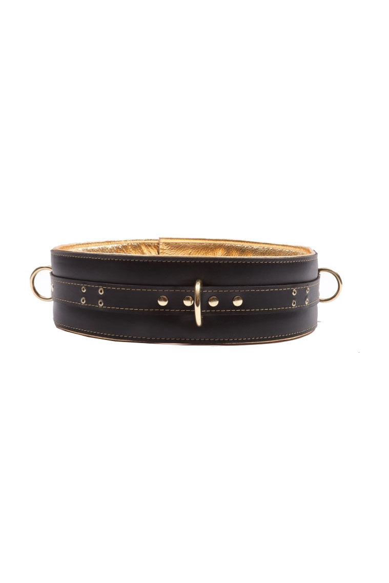 Theodora - Black and Gold Padded Leather BDSM Waist Belt - DDB