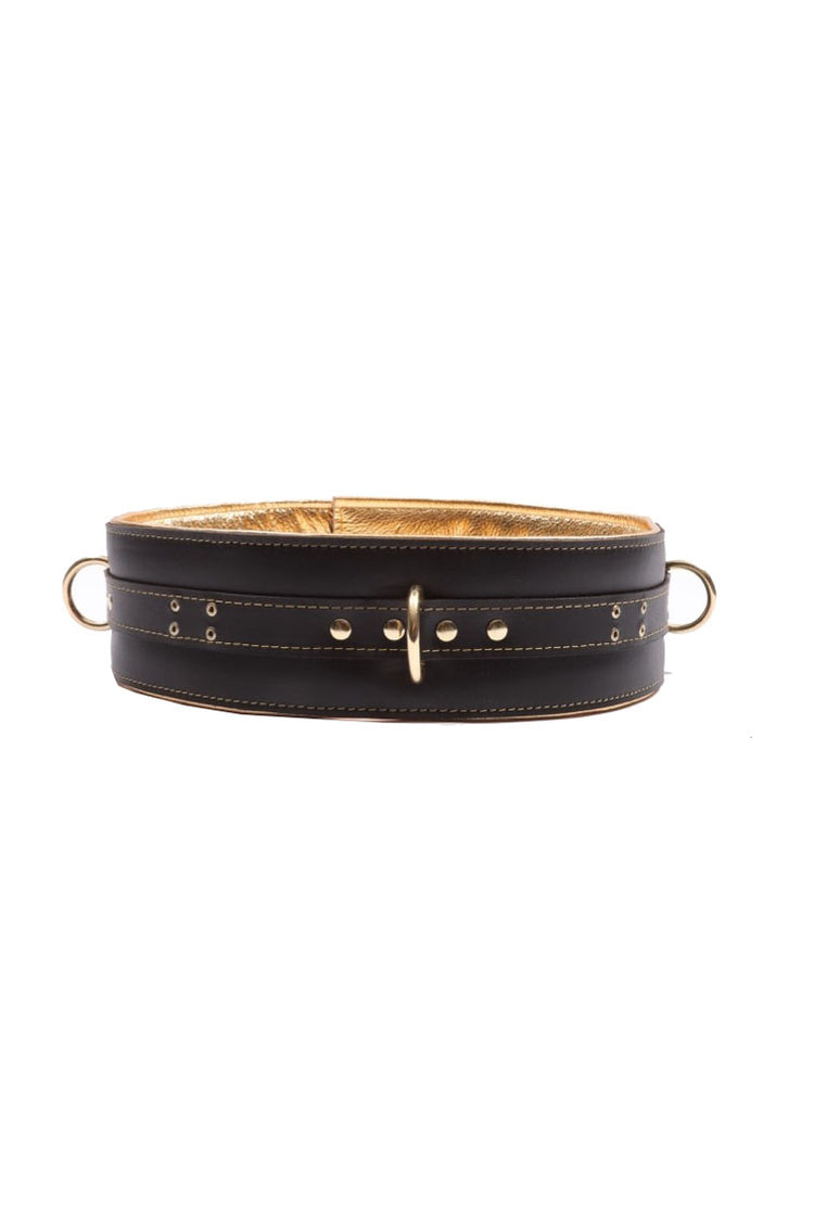 Theodora - Black and Gold Padded Leather BDSM Waist Belt - DDB