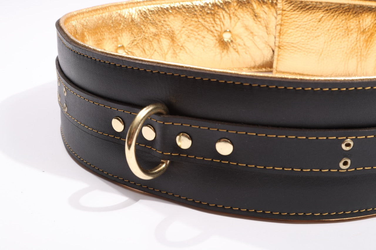 Theodora - Black and Gold Padded Leather BDSM Waist Belt - DDB
