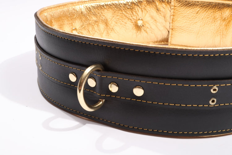 Theodora - Black and Gold Padded Leather BDSM Waist Belt - DDB