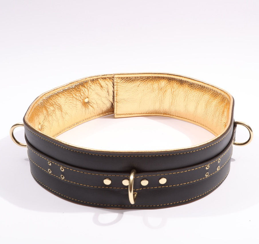 Theodora - Black and Gold Padded Leather BDSM Waist Belt - DDB