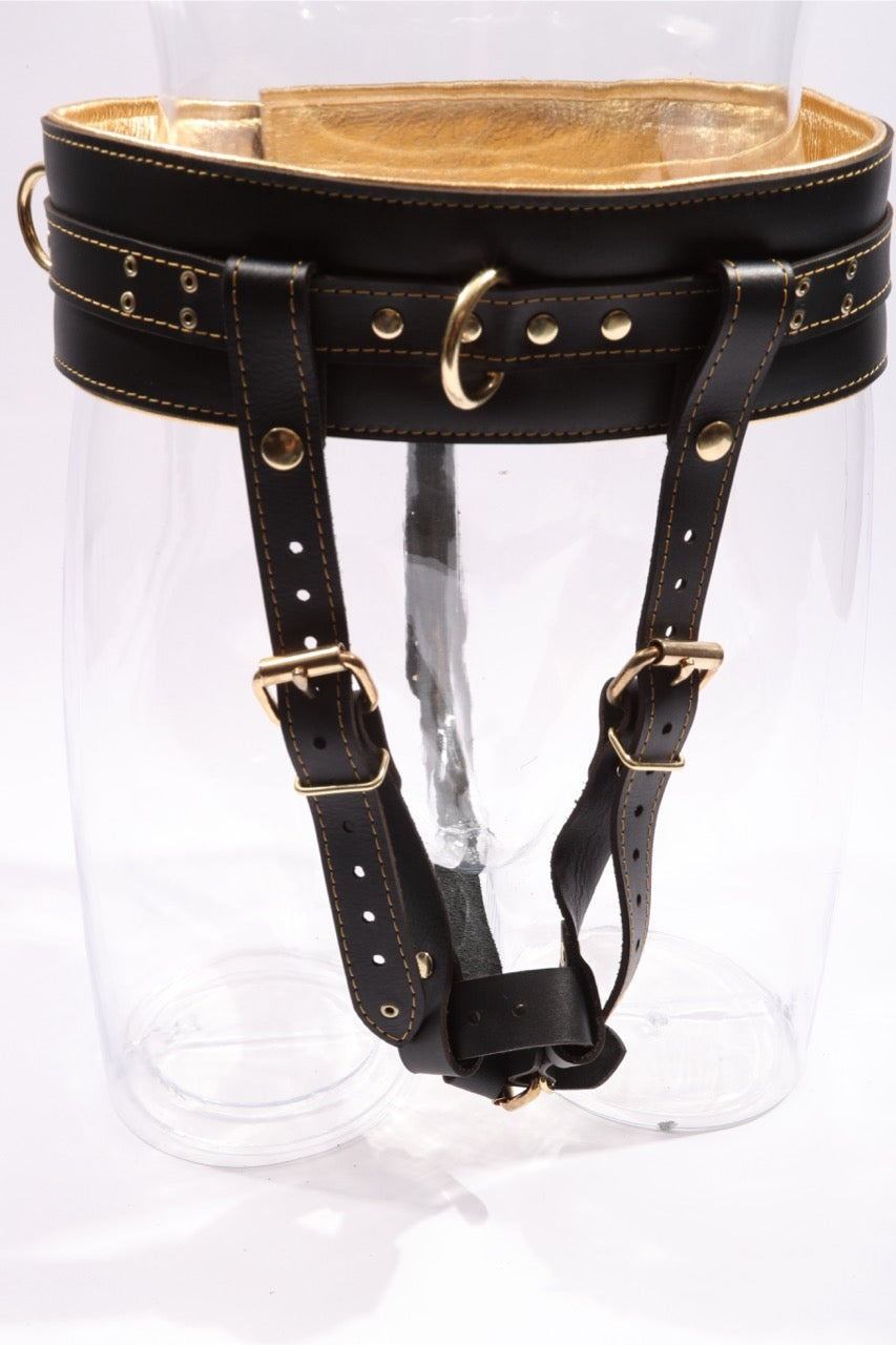 Theodora - Black and Gold Leather BDSM Forced Orgasm Belt Attachment
