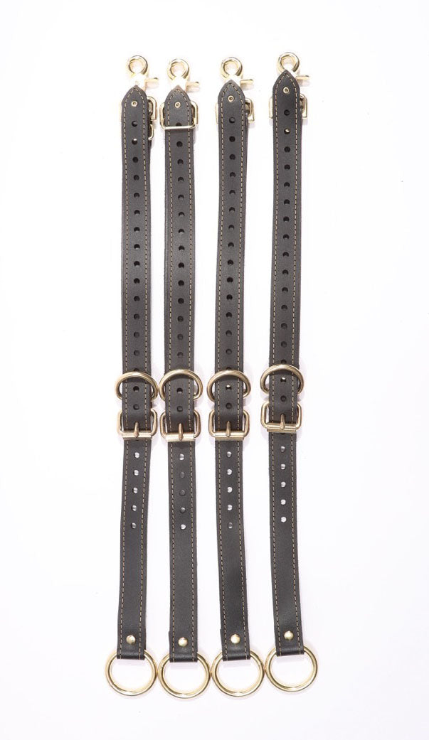 Theodora - Black and Gold Leather BDSM Adjustable Straps - Bed Restraints - DDB