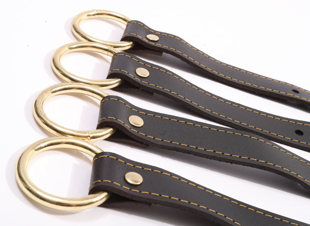 Theodora - Black and Gold Leather BDSM Adjustable Straps - Bed Restraints - DDB