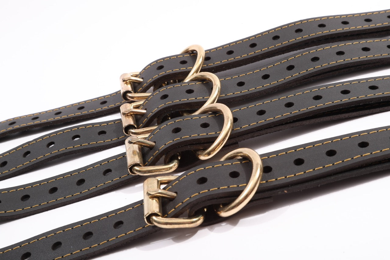 Theodora - Black and Gold Leather BDSM Adjustable Straps - Bed Restraints - DDB