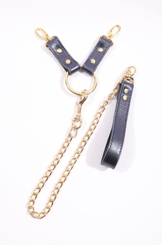 Sonya - Special Edition Metallic Sapphire Leather 2 Way BDSM Hogtie With Chain Lead - DDB