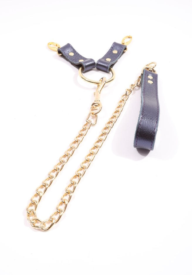 Sonya - Special Edition Metallic Sapphire Leather 2 Way BDSM Hogtie With Chain Lead - DDB