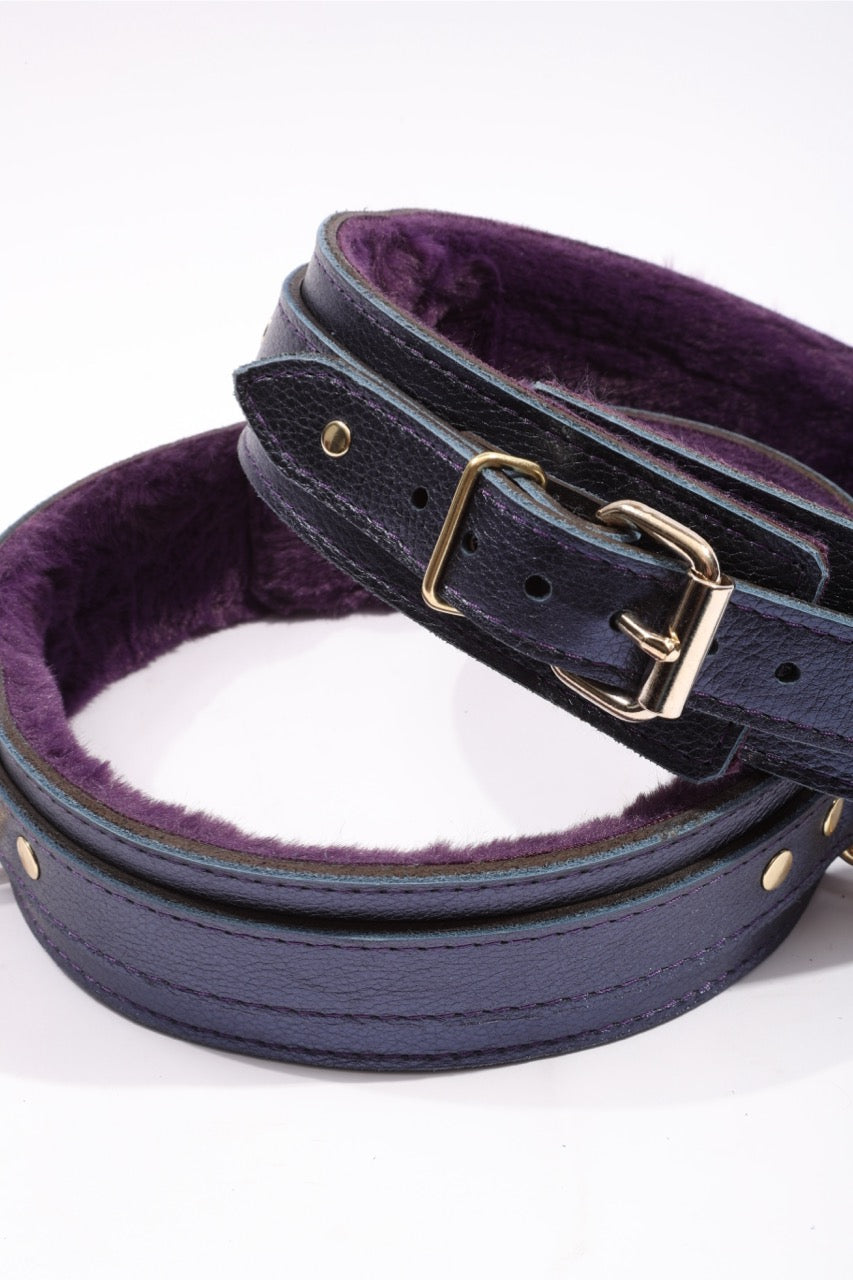 Sonya - Special Edition Metallic Sapphire Leather Faux Fur Lined BDSM Thigh Restraints - DDB