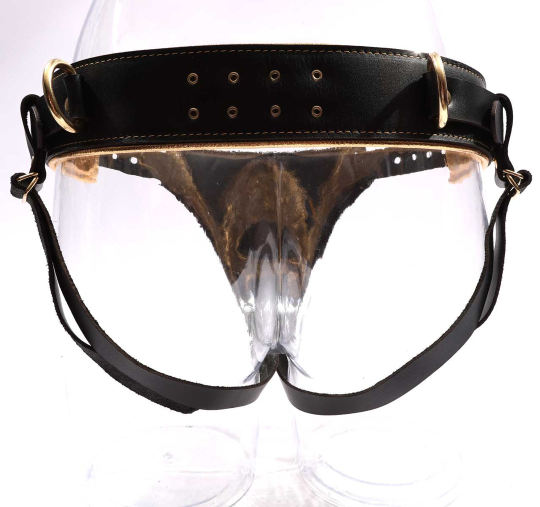 Theodora - Black and Gold Padded Leather BDSM Strap On Harness