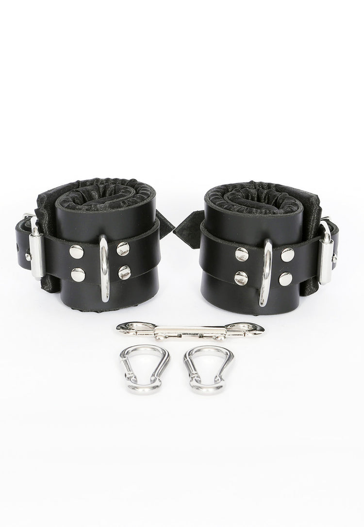Black Satin Lined Leather Wrist and Ankle Cuffs - Dark Desires Boutique