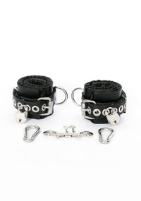 Locking Black Satin-Lined Leather Wrist and Ankle Cuffs - Dark Desires Boutique