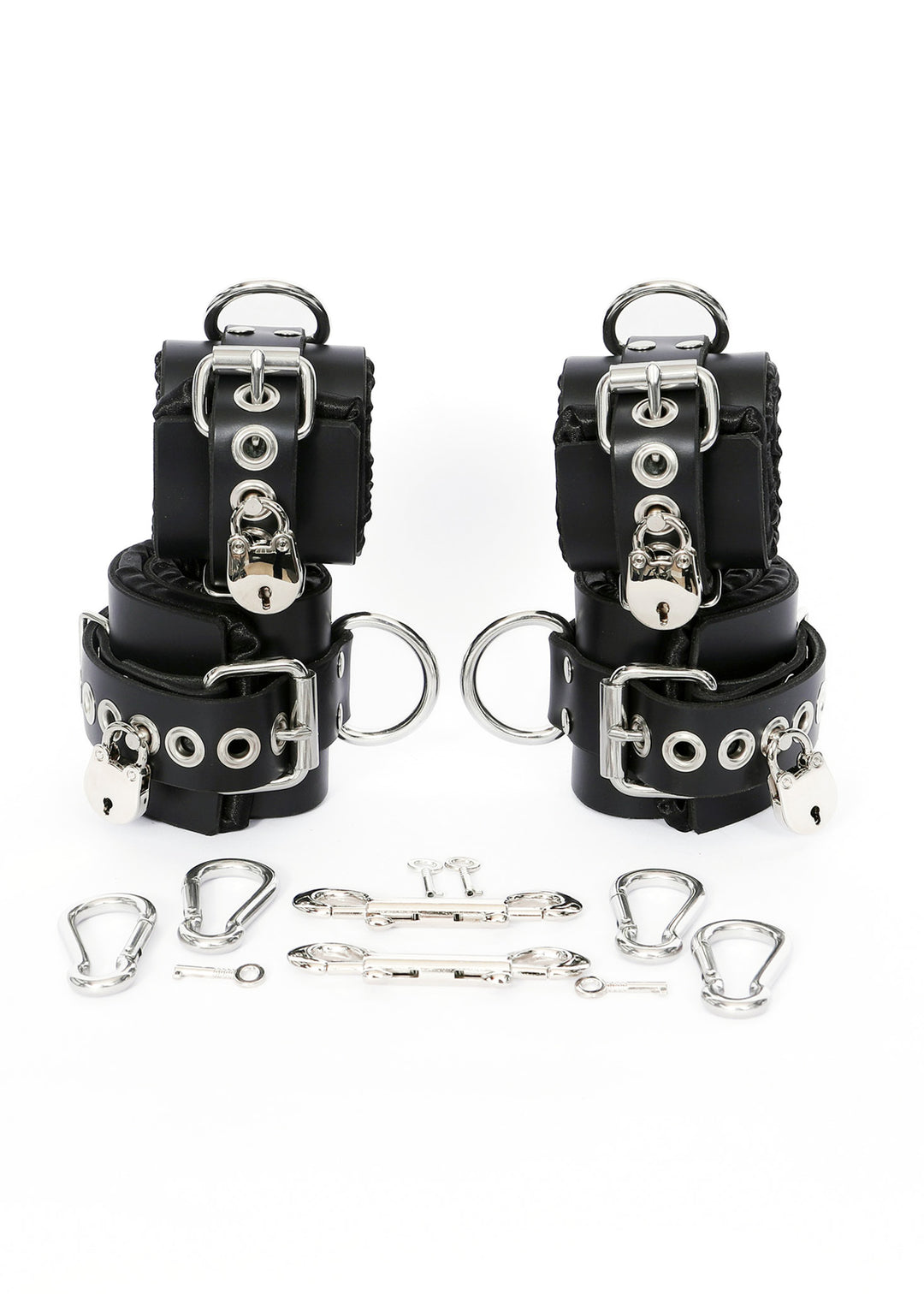 Locking Black Satin-Lined Leather Wrist and Ankle Cuffs - Dark Desires Boutique