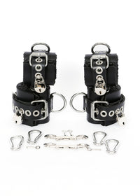 Locking Black Satin-Lined Leather Wrist and Ankle Cuffs - Dark Desires Boutique